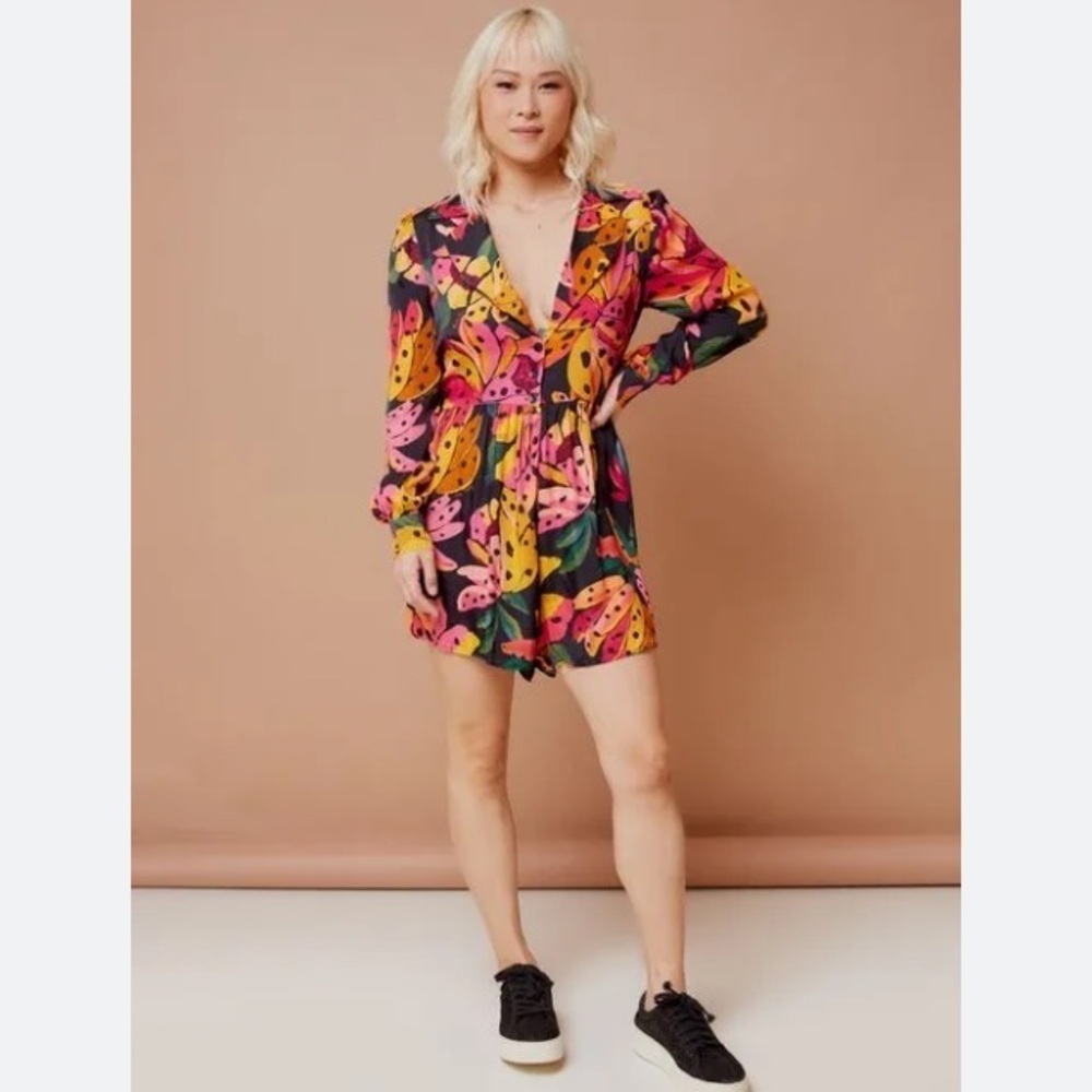 Farm Rio Tropical Flor de Banana Print Long Sleeve Romper Women's